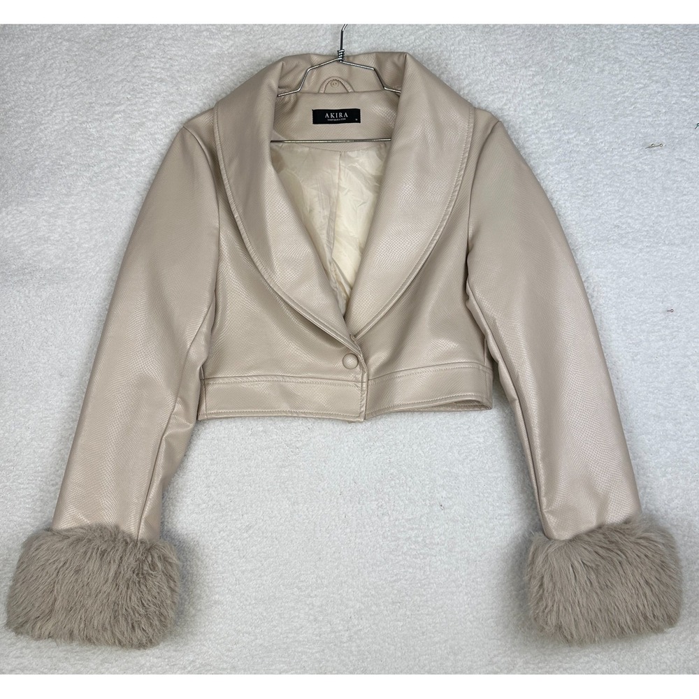 AKIRA Cropped Faux Leather Jacket Fur Cuffs‎ Beige Women's size M